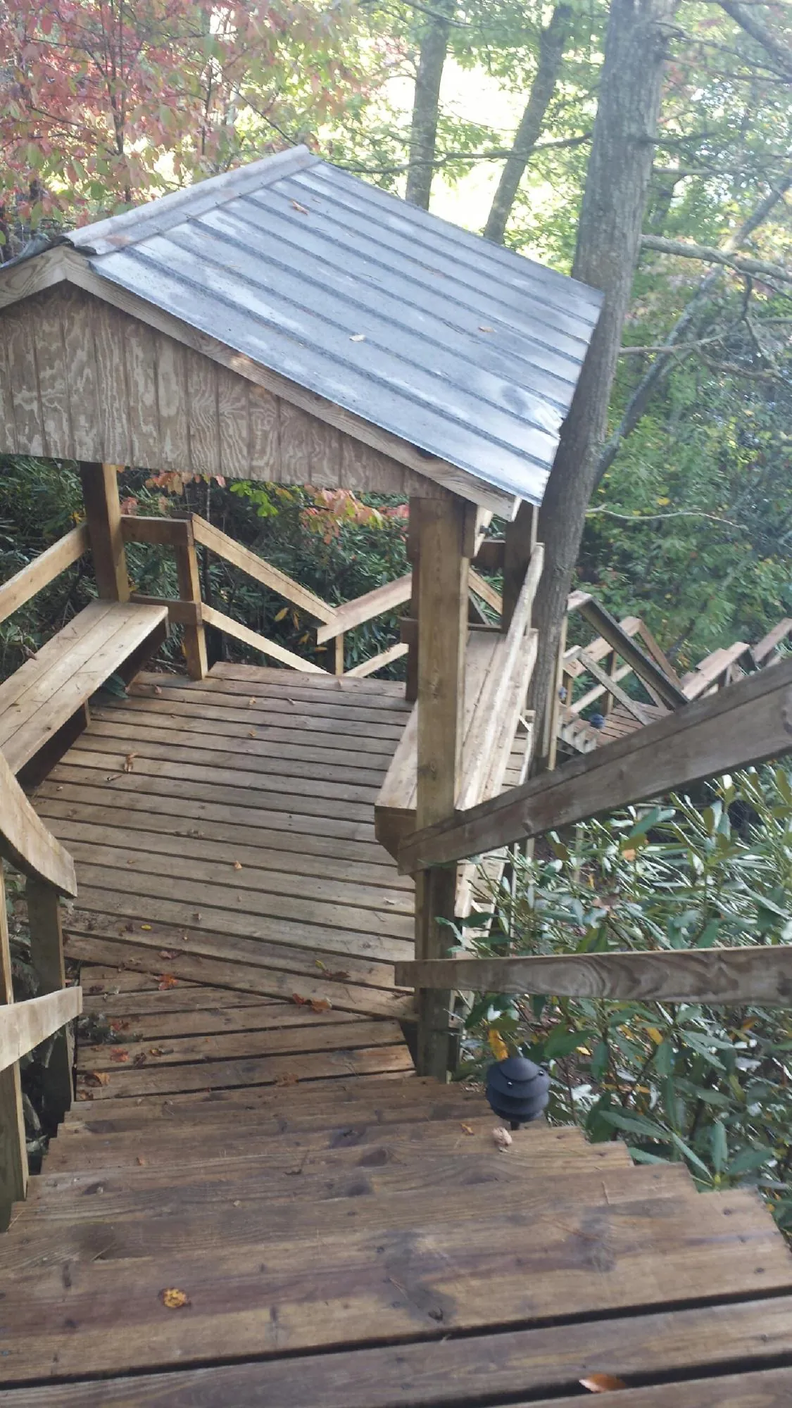Metal roofed shelter over wooden steps on a wooded walkway — Skylight Repair & Installation work by our crew in Greenwich
